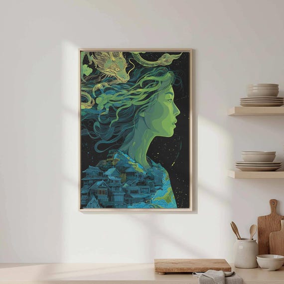 Asian Woman Vector Art Print Dragon Celestial Wall Decor