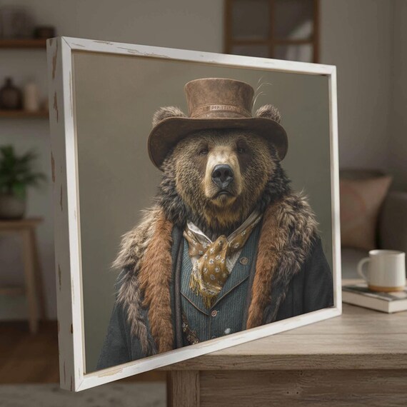 Western Bear Portrait Canvas Print Anthropomorphic Wall Art