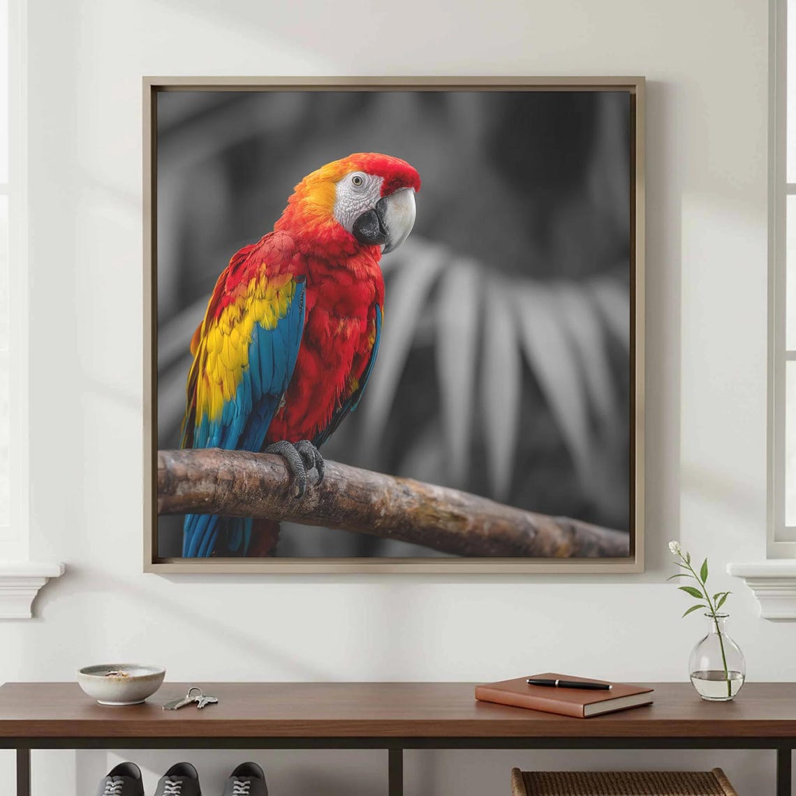 Scarlet Macaw Parrot Photography Black White Background Art Print