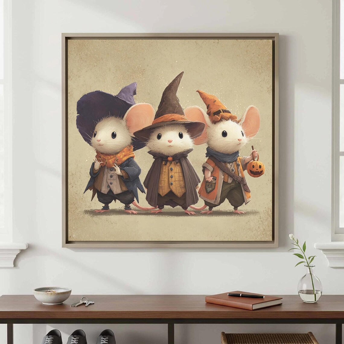 Halloween Witch Mice Trio Vintage Storybook Nursery Art Poster