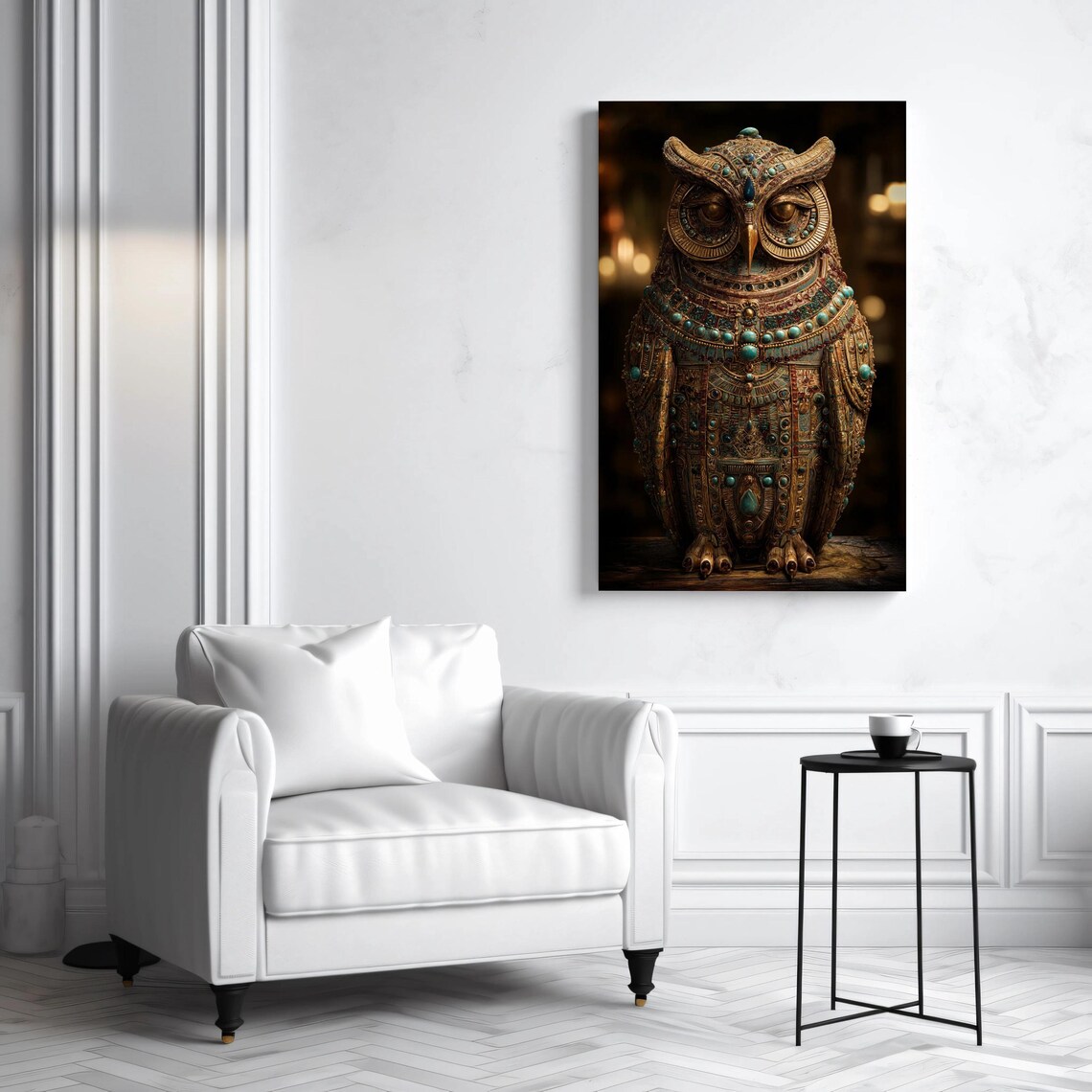 Steampunk Owl Statue Ornate Gold Turquoise Jewel Bird Art Poster