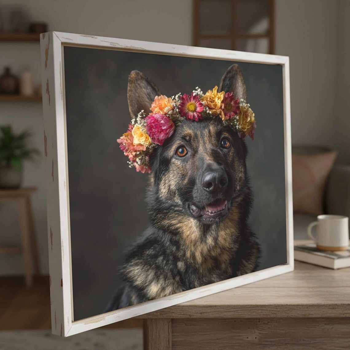 German Shepherd Flower Crown Portrait Happy Dog Photo Poster