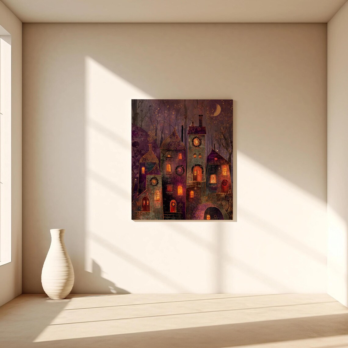 Whimsical Night Village Glowing Windows Crescent Moon Village Poster