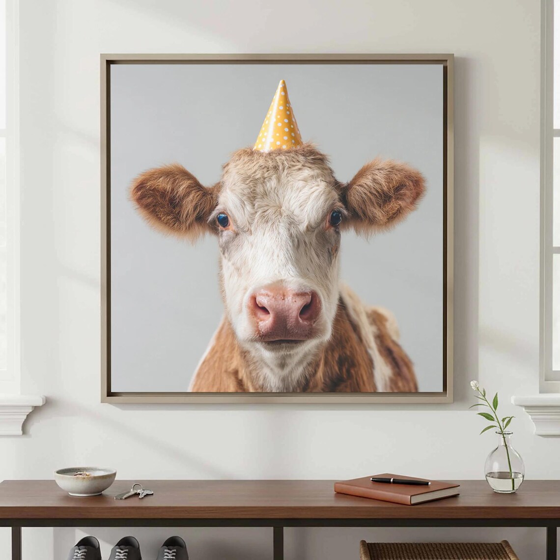 Cow Wearing Yellow Party Hat Funny Farm Animal Portrait Poster