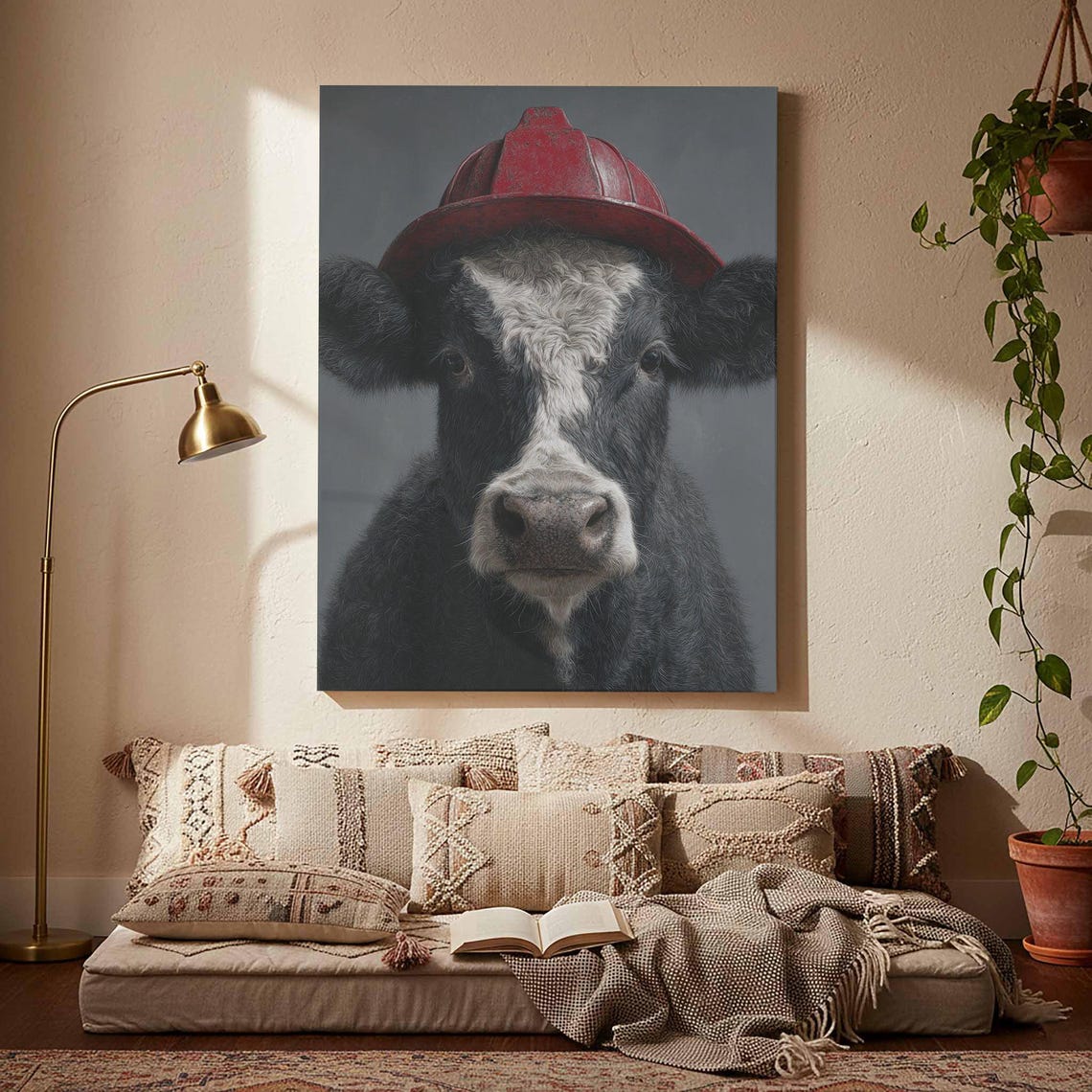 Cow Wearing Red Firefighter Helmet Funny Animal Portrait Poster