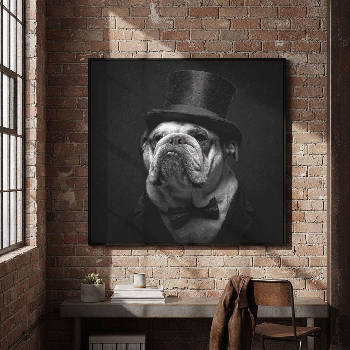 Bulldog in Top Hat Bow Tie Black and White Dapper Portrait Poster