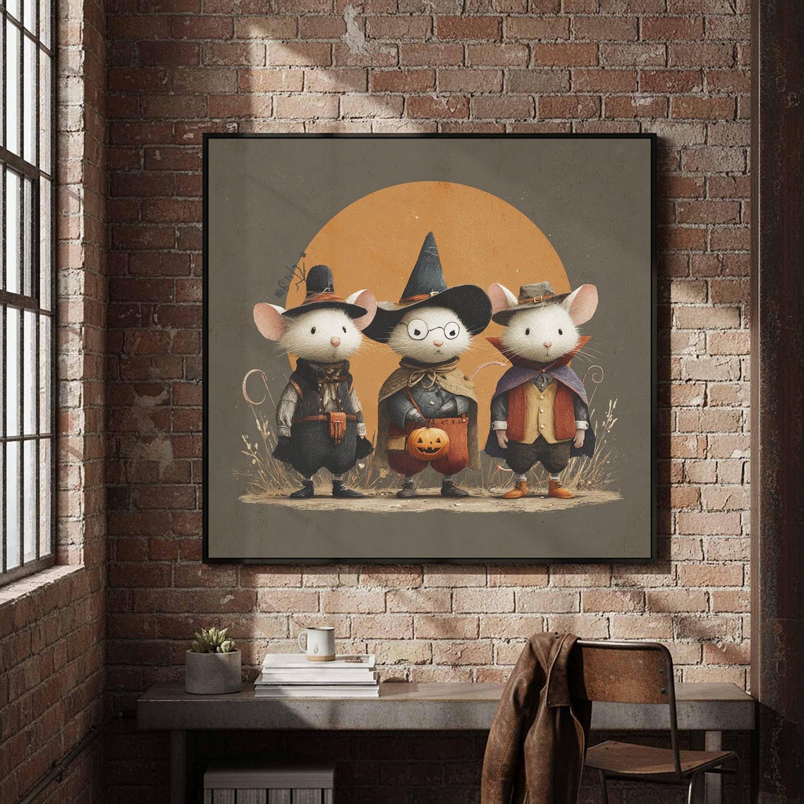 Cute Mice Halloween Costumes Witch Vampire Full Moon Art Poster