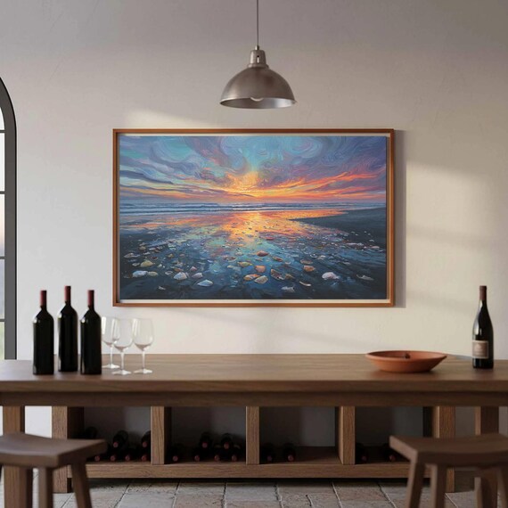 Beach Sunset Shell Shore Swirling Sky Coastal Oil Painting Poster
