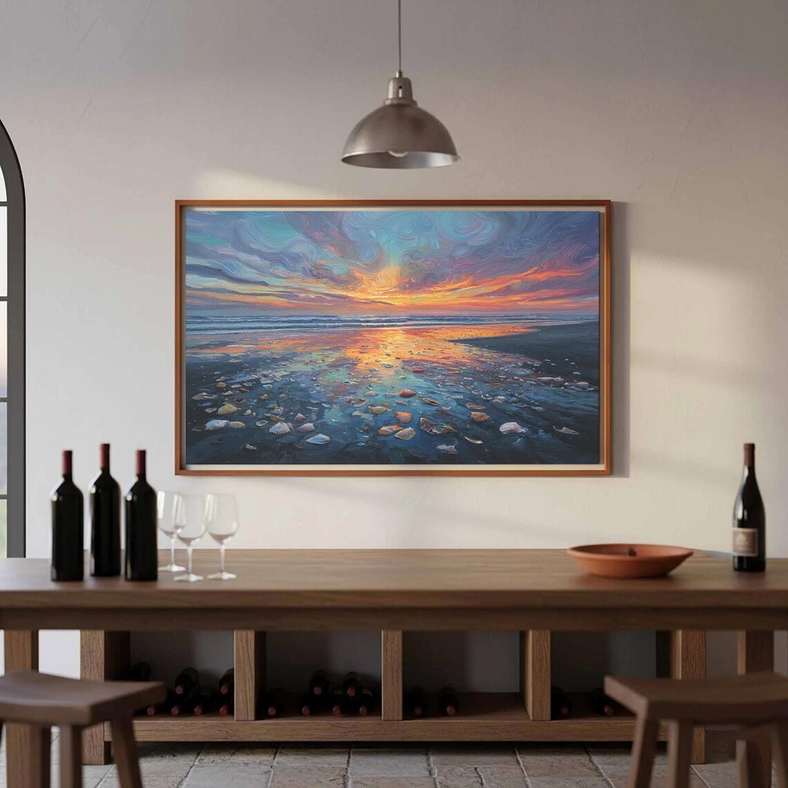Beach Sunset Shell Shore Swirling Sky Coastal Oil Painting Poster