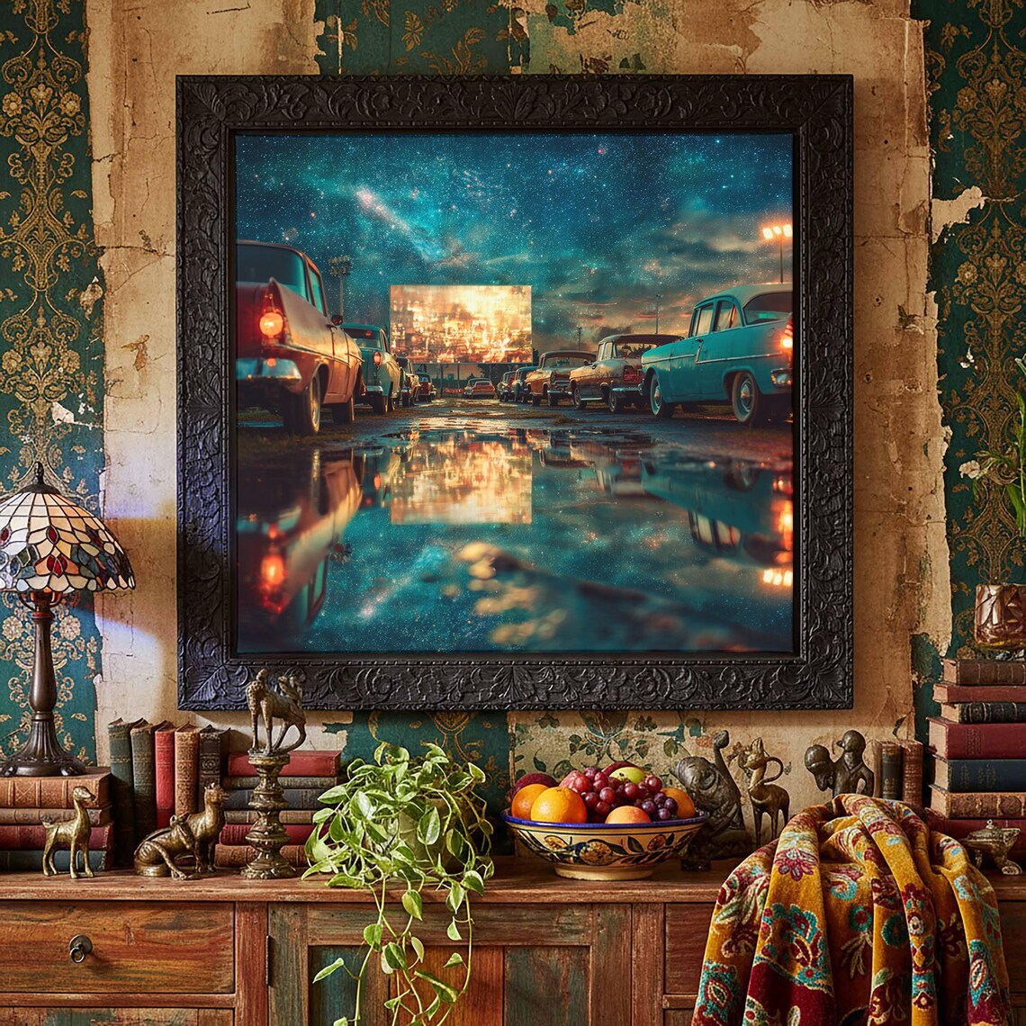 Vintage Drive In Theater Classic Cars Starry Night Sky Nostalgic Poster