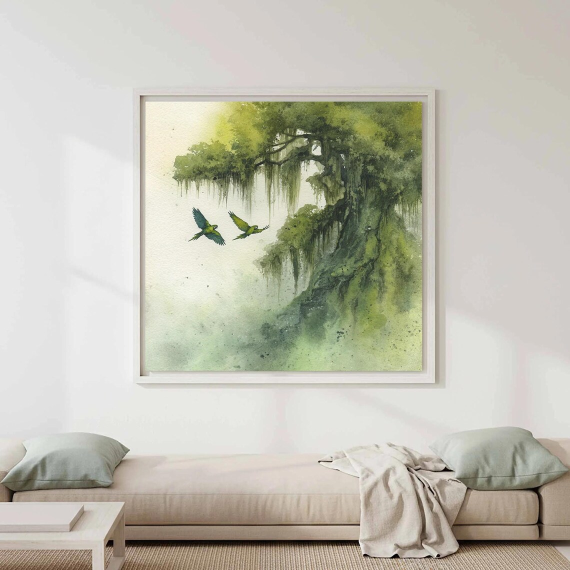 Tropical Rainforest Ancient Tree Flying Parrots Watercolor Art Poster