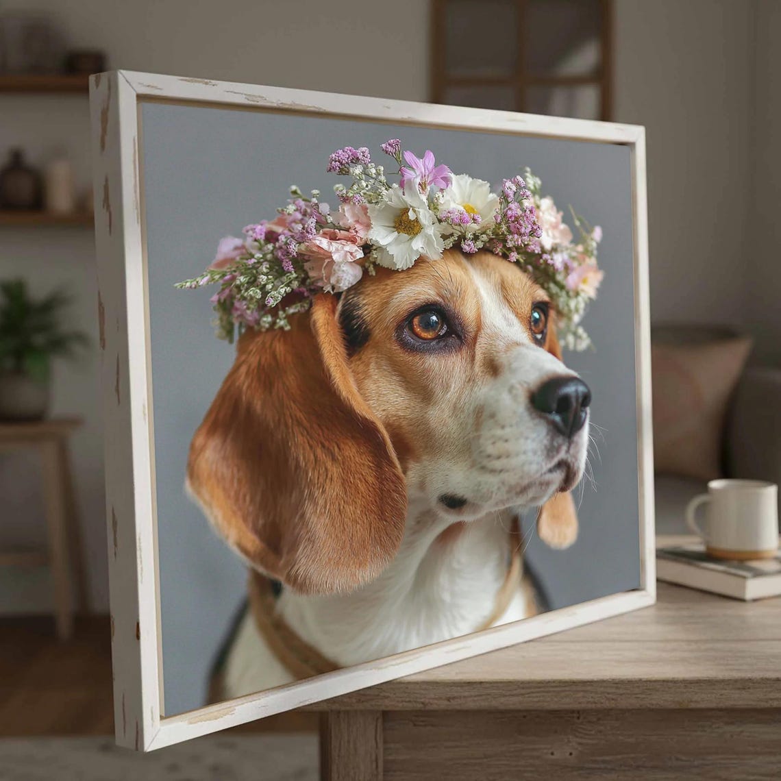 Beagle Dog Wearing Flower Crown Adorable Pet Portrait Poster