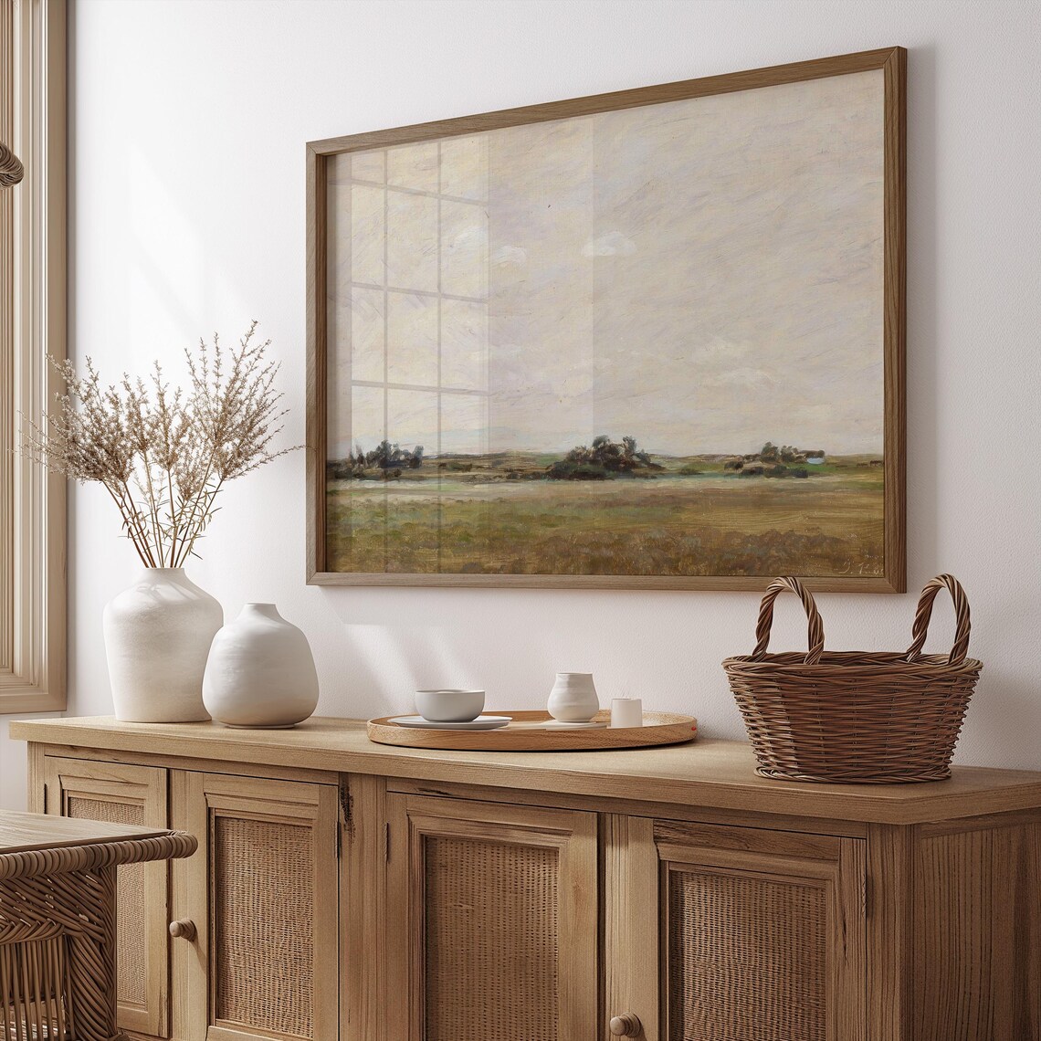 Antique Open Field Landscape Big Pale Sky Vintage Oil Art Poster - Image 4