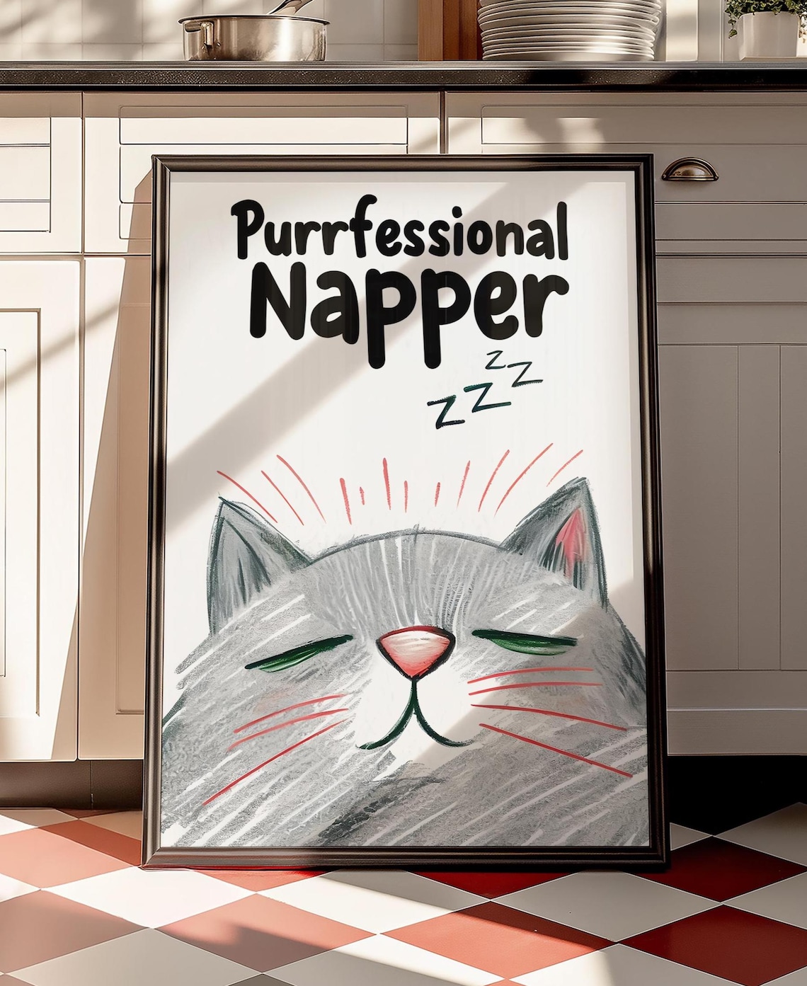 Funny Sleepy Gray Cat, Minimalist Whimsical Quote