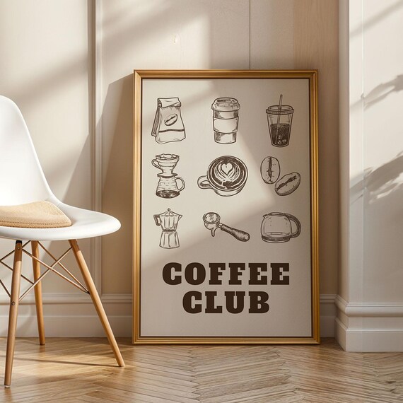 Coffee Club Nine Espresso Icons Grid Retro Kitchen Wall Poster