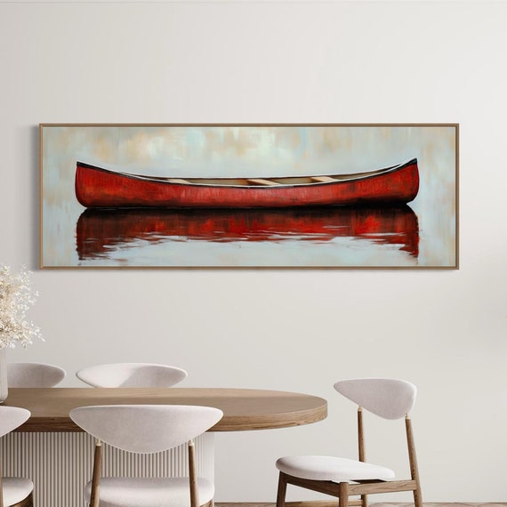 Red Canoe Wall Art Rustic Lake House Decor With Bold Reflection Serene Landscape For Man Cave Vintage Nautical Charm For Home