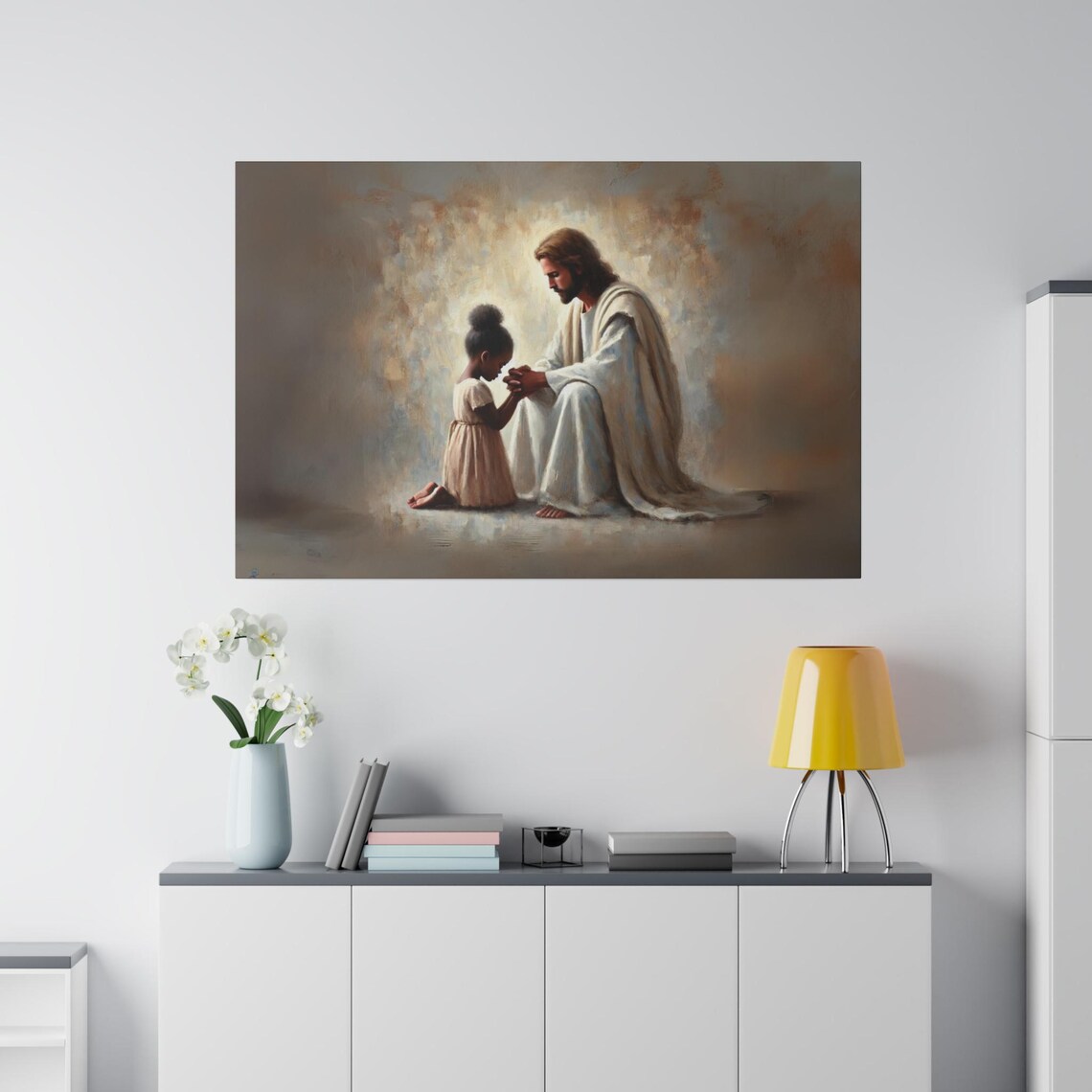 Jesus Praying With A Little Girl Warm Golden Light Art Poster - Image 4