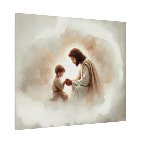 Jesus Praying With Little Boy, Christian Artwork