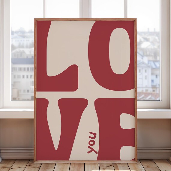 Love You Art Print Bold Retro Red Poster Cool Apartment Boho Living Room Wall Decor Romantic Above Bedroom