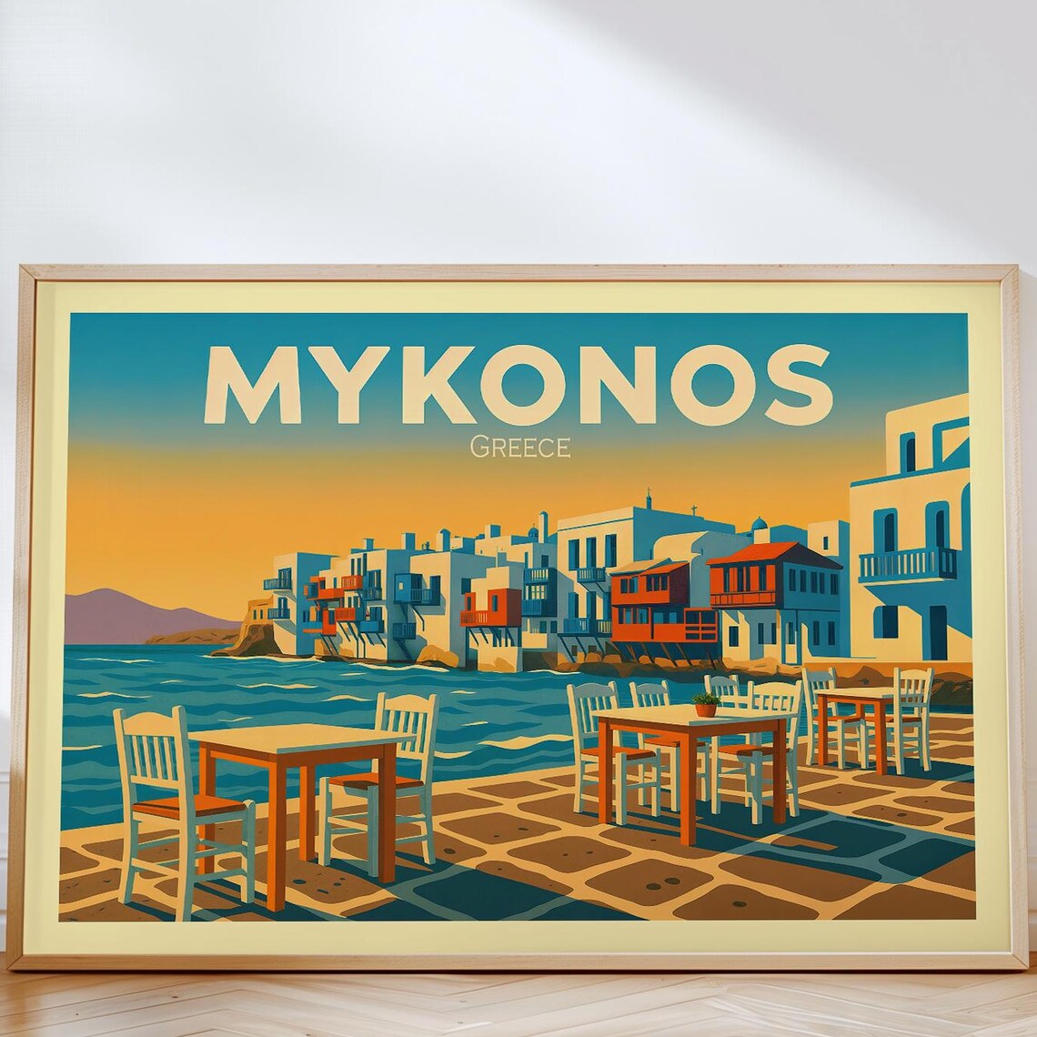 Mykonos Greece Seaside Taverna Whitewashed Old Town Travel Poster