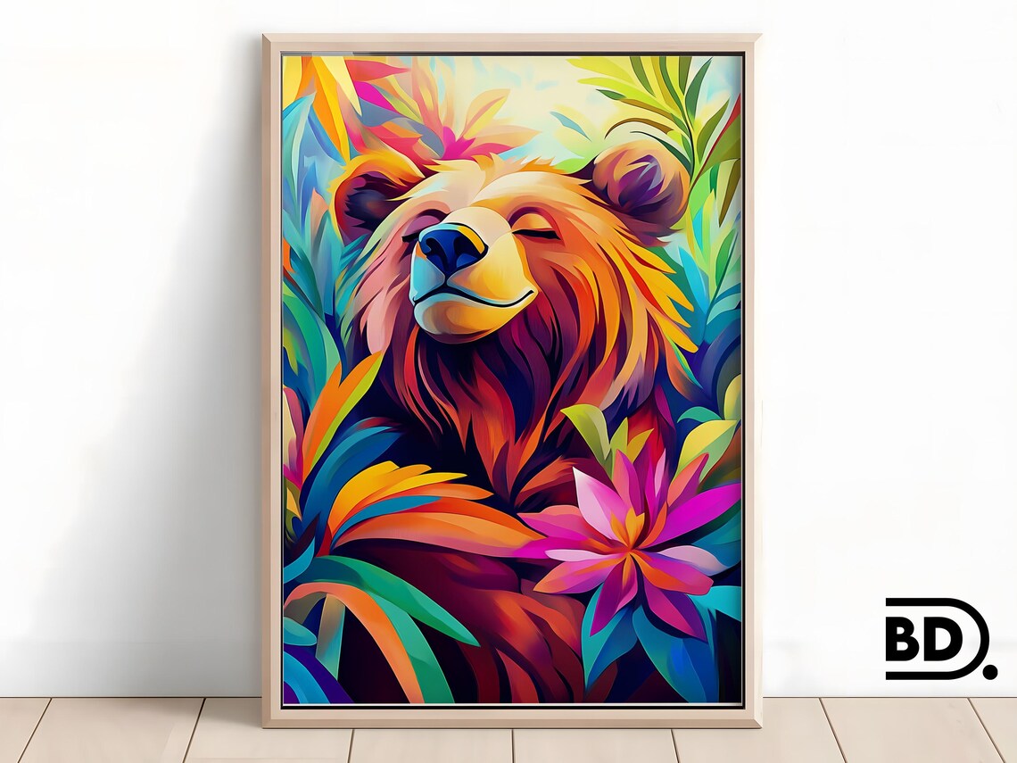 Smiling Brown Bear in a Tropical Flower Jungle Portrait Poster