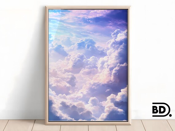 Whimsical Cloudscape Wall Art Ghibli Inspired Dreamy Sky Print With Soft Blue Purple Tones Cozy And Magical Decor