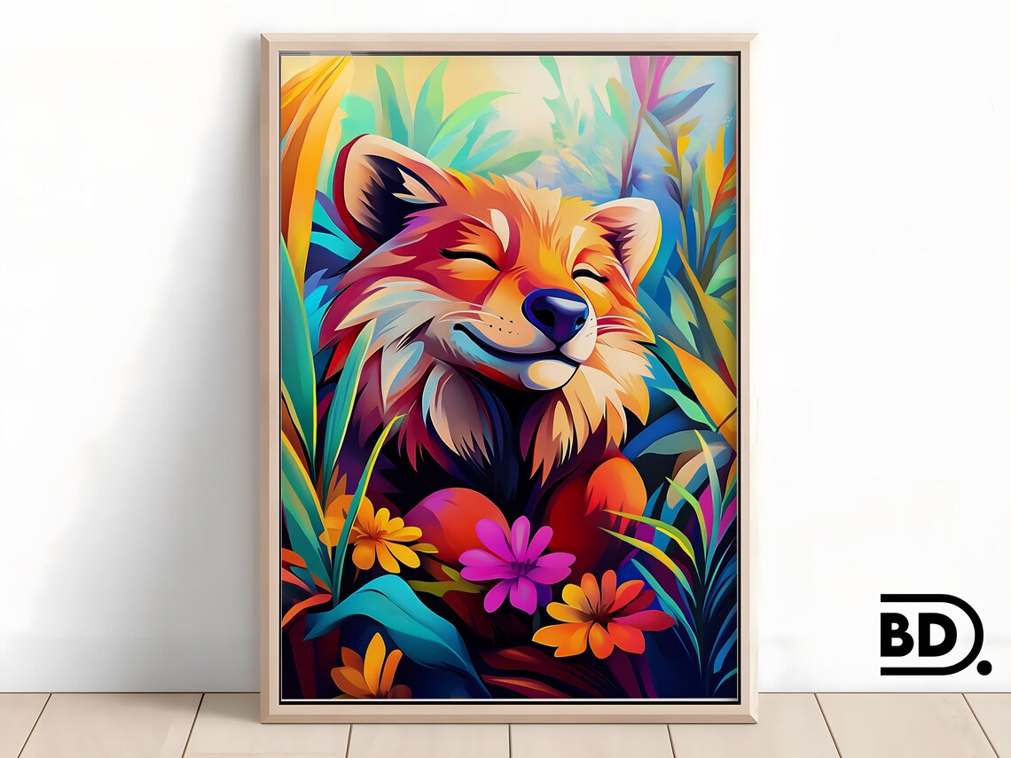 Smiling Fox Cub in Blue Tropical Foliage Flower Animal Poster