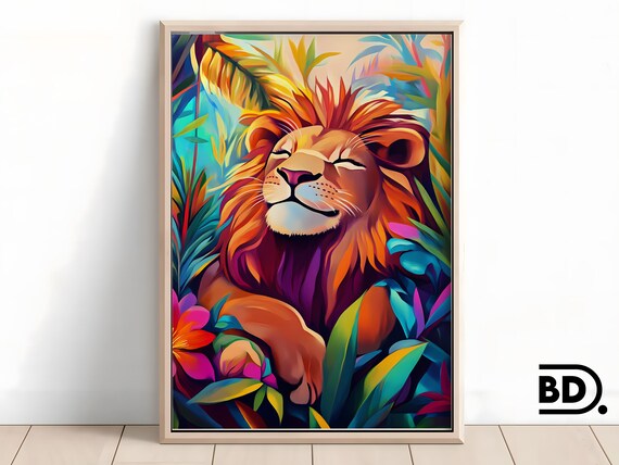 Smiling Lion Colorful Jungle Floral Portrait Animal Wall Art