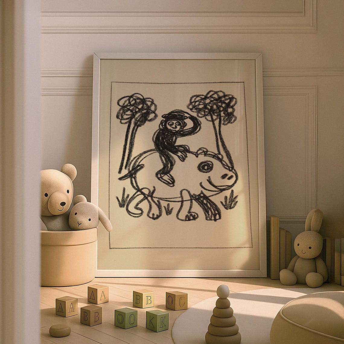 Monkey Riding Hippo Nursery Print Animal Theme Kids Decor