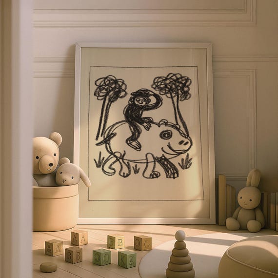 Monkey Riding Hippo Nursery Print Animal Theme Kids Decor