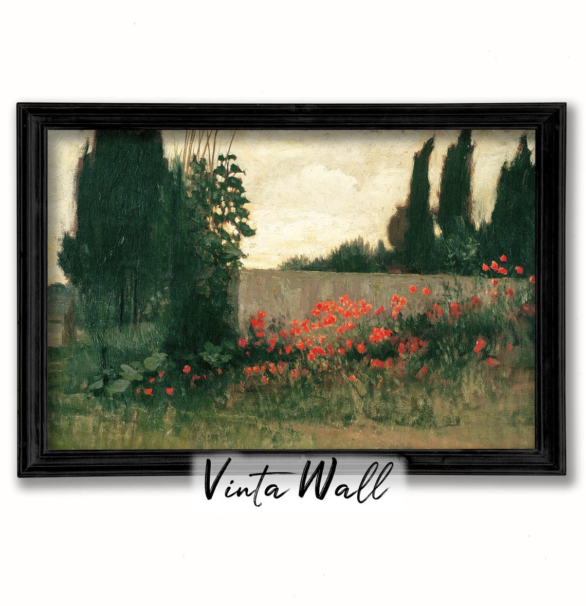 Dark Academia Cottage Flower Poppies Print Field Cypres Oil Painting Farmhouse Meadow Vintage Scenary Art Tones Home Wall Decor - Image 3