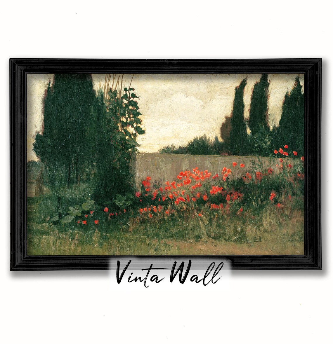 Red Poppies and Dark Cypress Trees Moody Garden Landscape Poster - Image 3