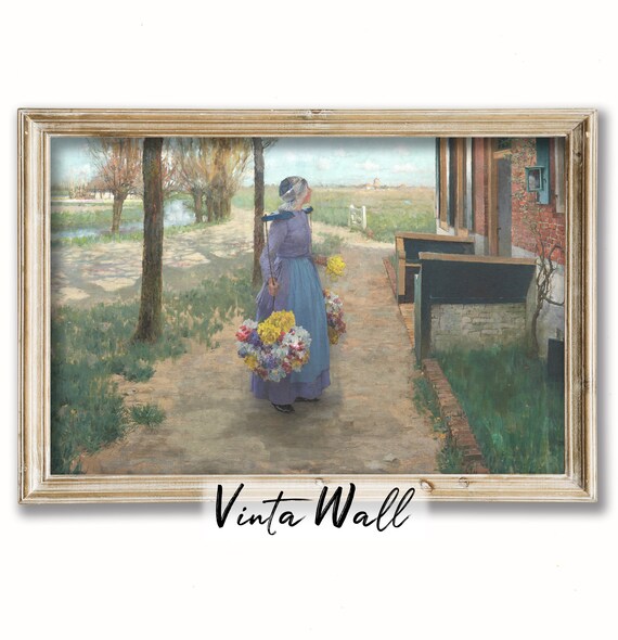 Flower Girl Carrying Bouquets Past a Brick Cottage Vintage Poster