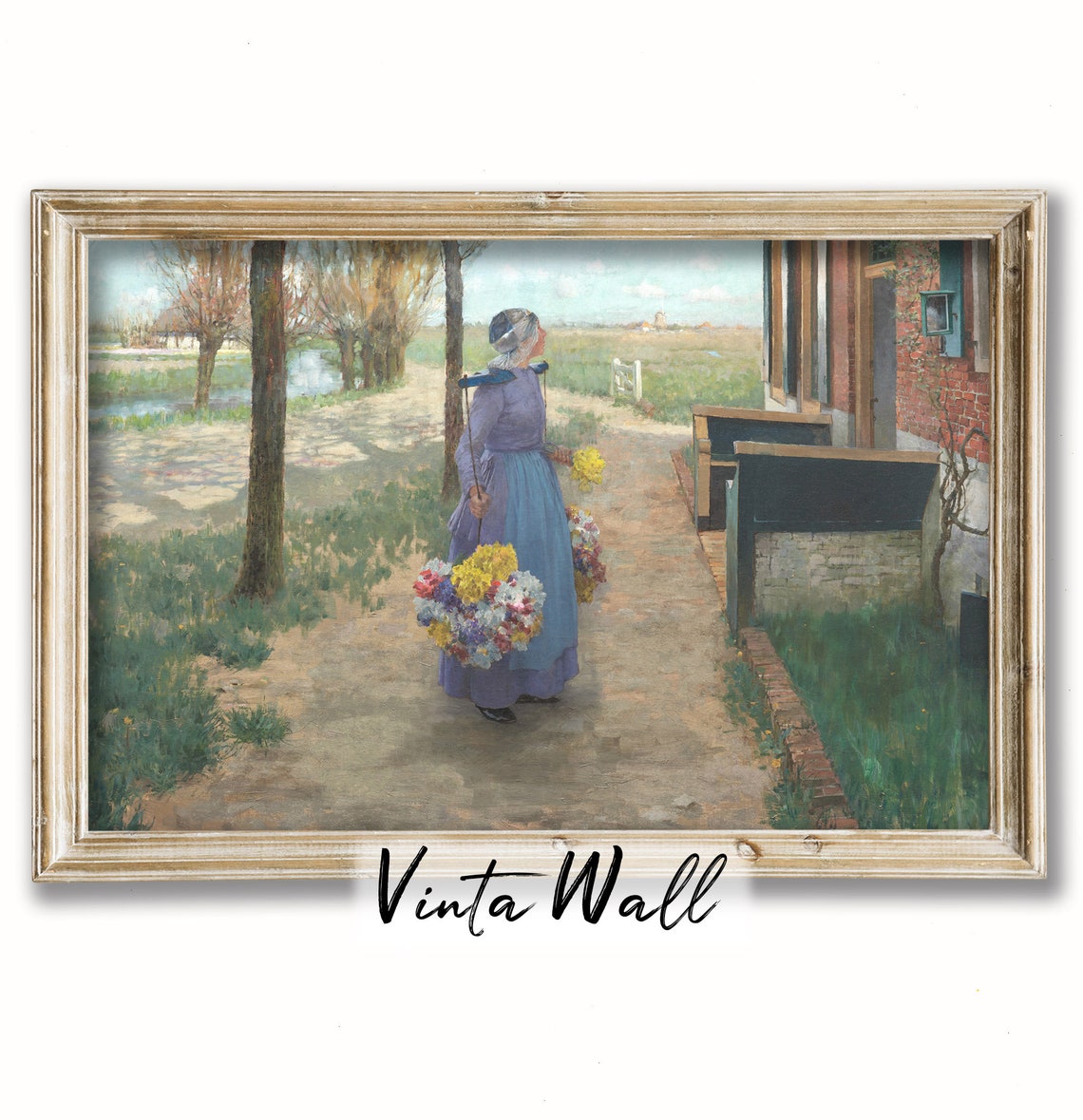 Flower Girl Carrying Bouquets Past a Brick Cottage Vintage Poster