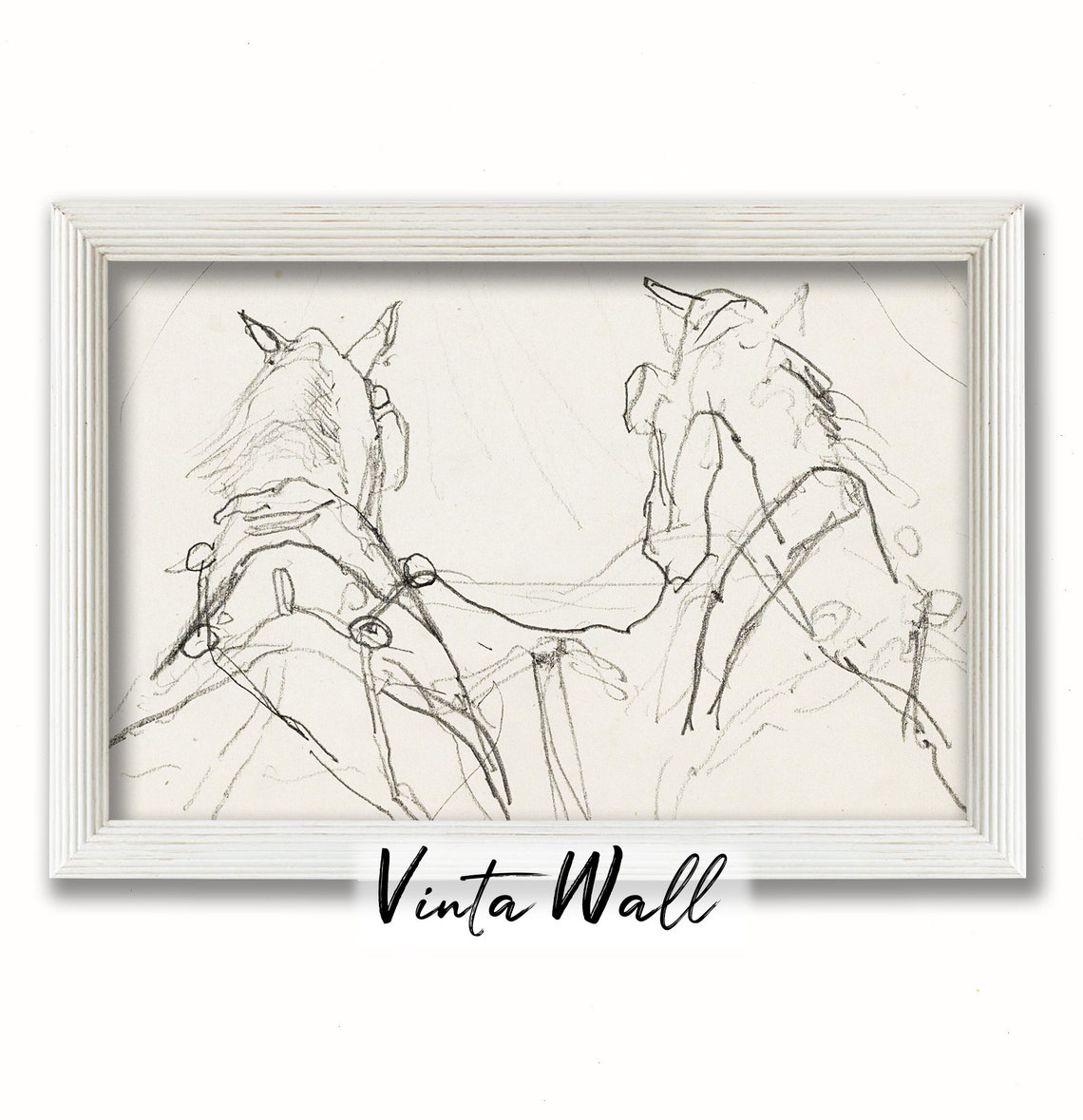 Two Horses Minimalist Pencil Sketch Vintage Equine Line Poster - Image 2