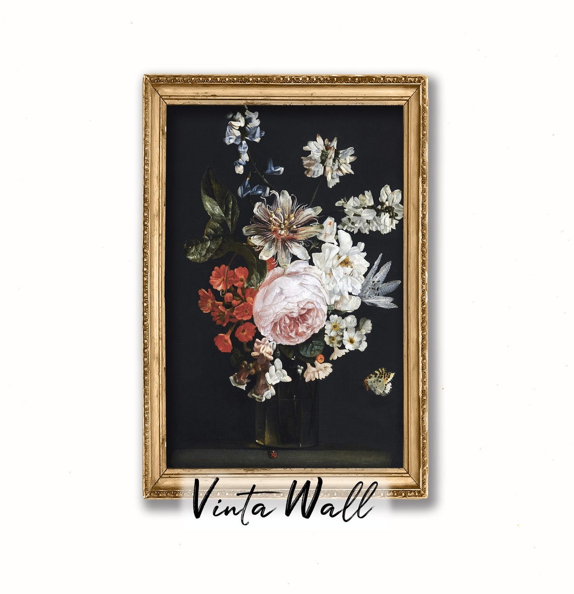 Pink Rose and Wildflowers on Dark Ground with Butterfly Poster - Image 3