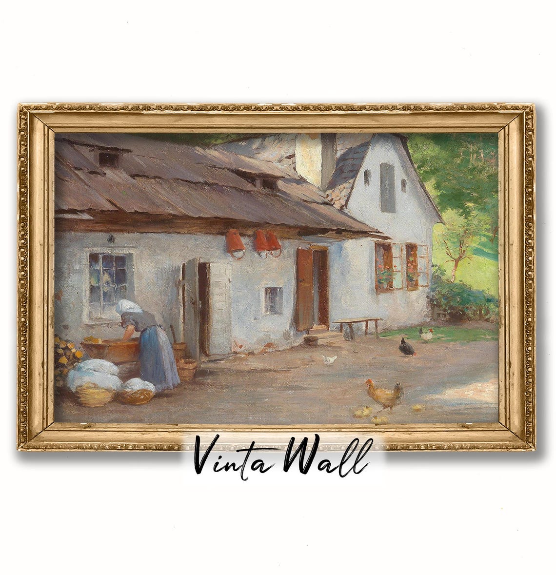 Village Soft Green Oil Painting Print Hen Farmer Landscape Woman Farmhouse Country Farm Muted Colours Cottage Art Wall Decor - Image 4