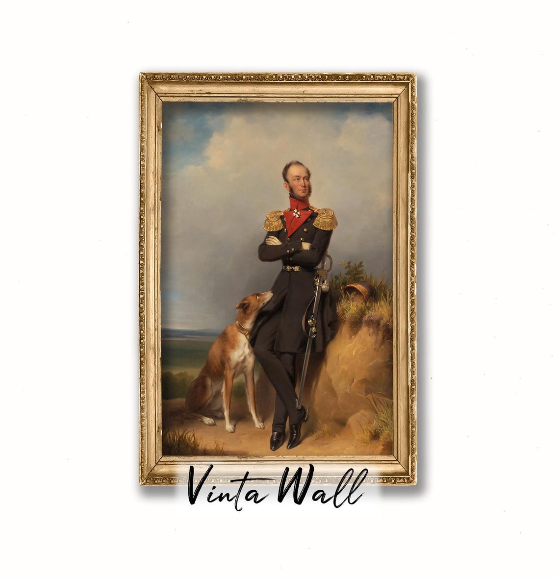 Portrait Man Oil Painting Greyhound Gentleman Farmhouse Vintage Print Dog Military Art Country Wall Antique Sword Beard Young - Image 4