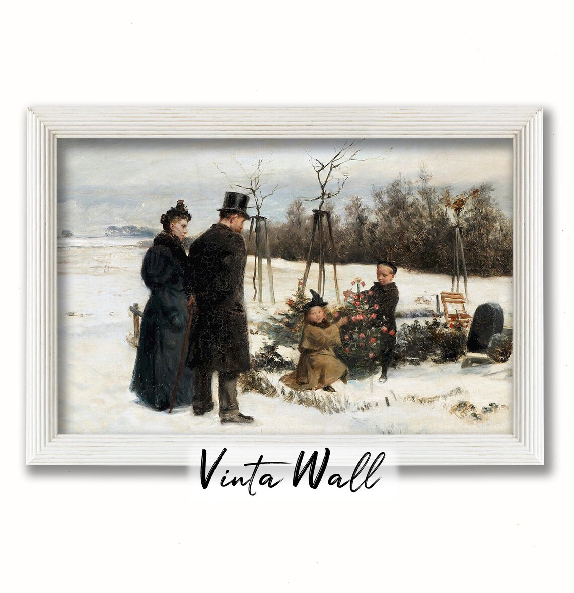 Family Decorating Christmas Tree Snowy Garden Vintage Scene Poster - Image 2