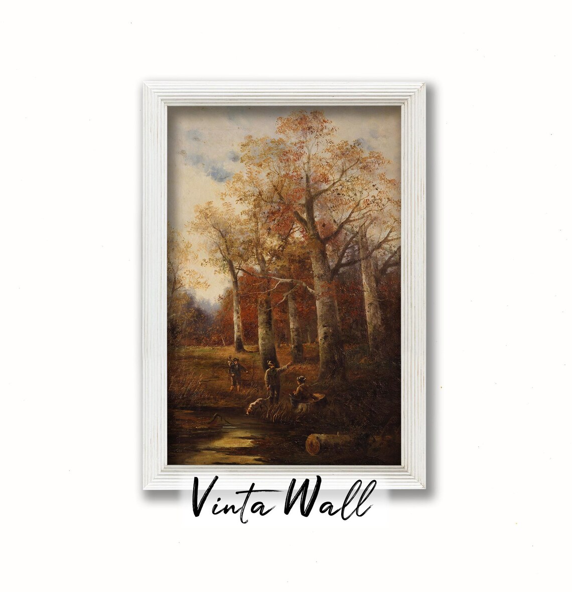 Golden Autumn Trees Beside Dark Stream Figures Resting Vintage Forest Poster - Image 4