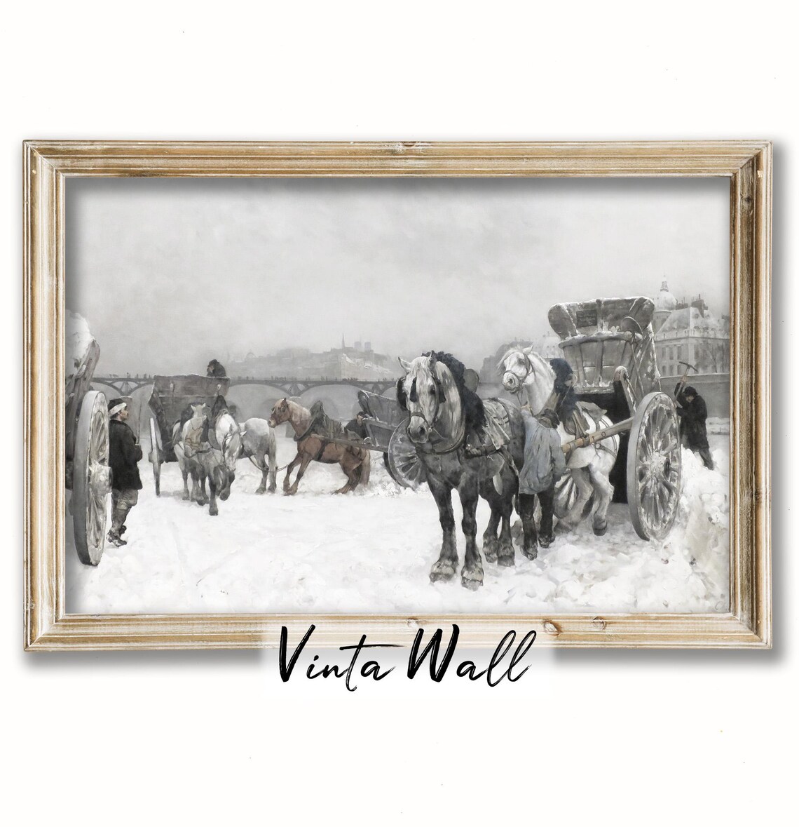 Horse Drawn Carts Snowy City Vintage Impressionist Winter Poster