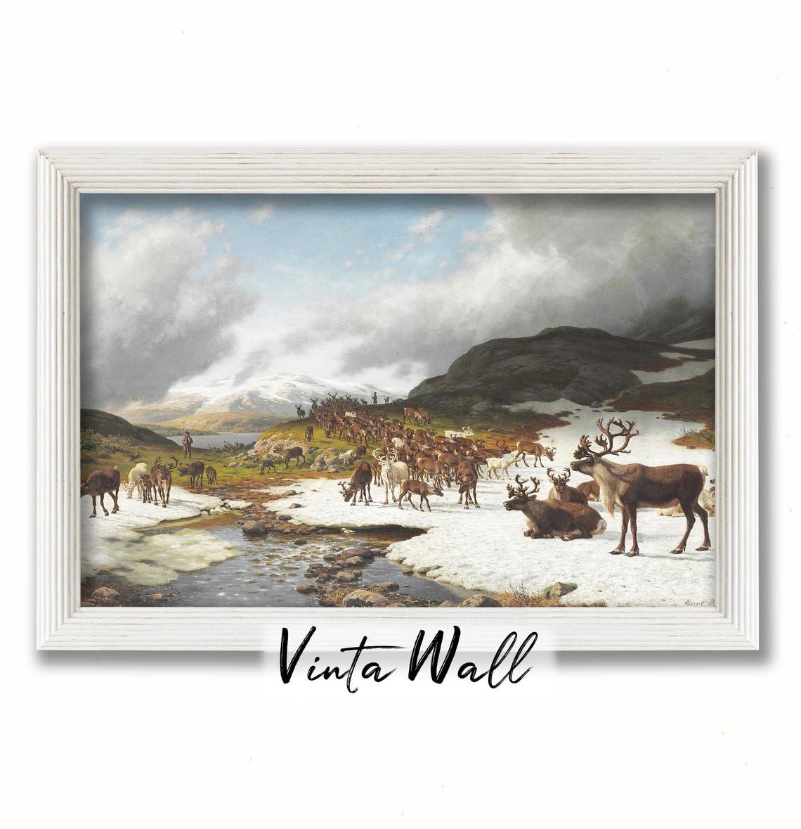 Reindeer Herd Snowy Mountain Stream Vintage Winter Wildlife Poster - Image 3