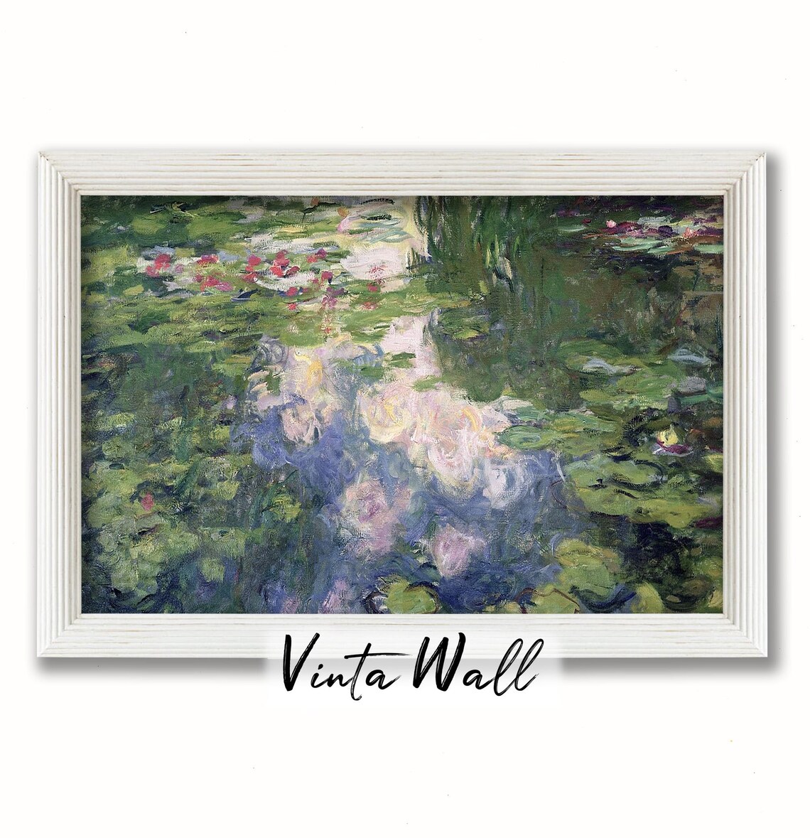 Oil Painting Lake Flower Water Lily Vintage Landscape Print Art Country Lake River Warm Tones Rustic Home Wall Decor Antique Green - Image 3