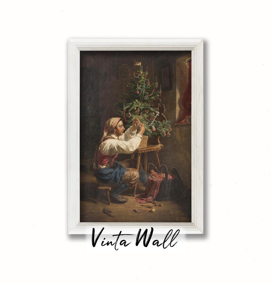 Woman Decorating Christmas Tree Candlelit Vintage Holiday Poster - Image 3