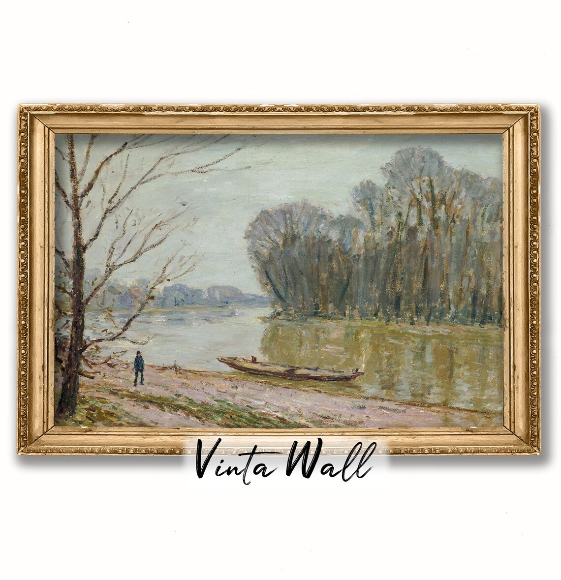 Lone Figure Walking Along Winter Riverbank Beached Boat Vintage Landscape Poster - Image 4