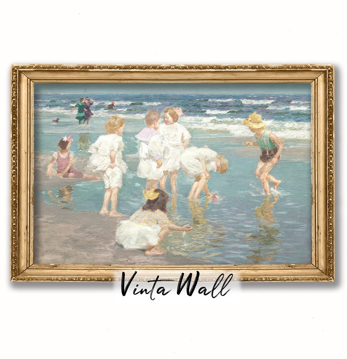Children Playing at the Seashore Impressionist Beach Day Poster - Image 3