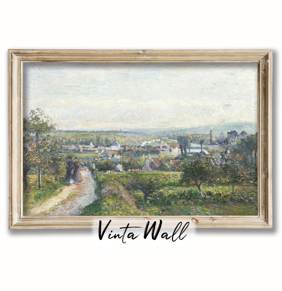 Village Hills Soft Green Oil Painting Print Landscape Farmhouse Country Muted Colours Cottage Art Spring Summer Wall Decor Town