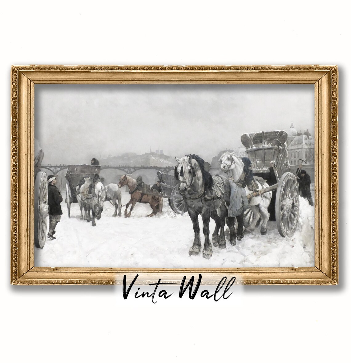 Snow Painting Winter Horse Square Carriage Gig Farmhouse White Print Art Holiday Home Wall Decor Village Christmas Black And White - Image 4