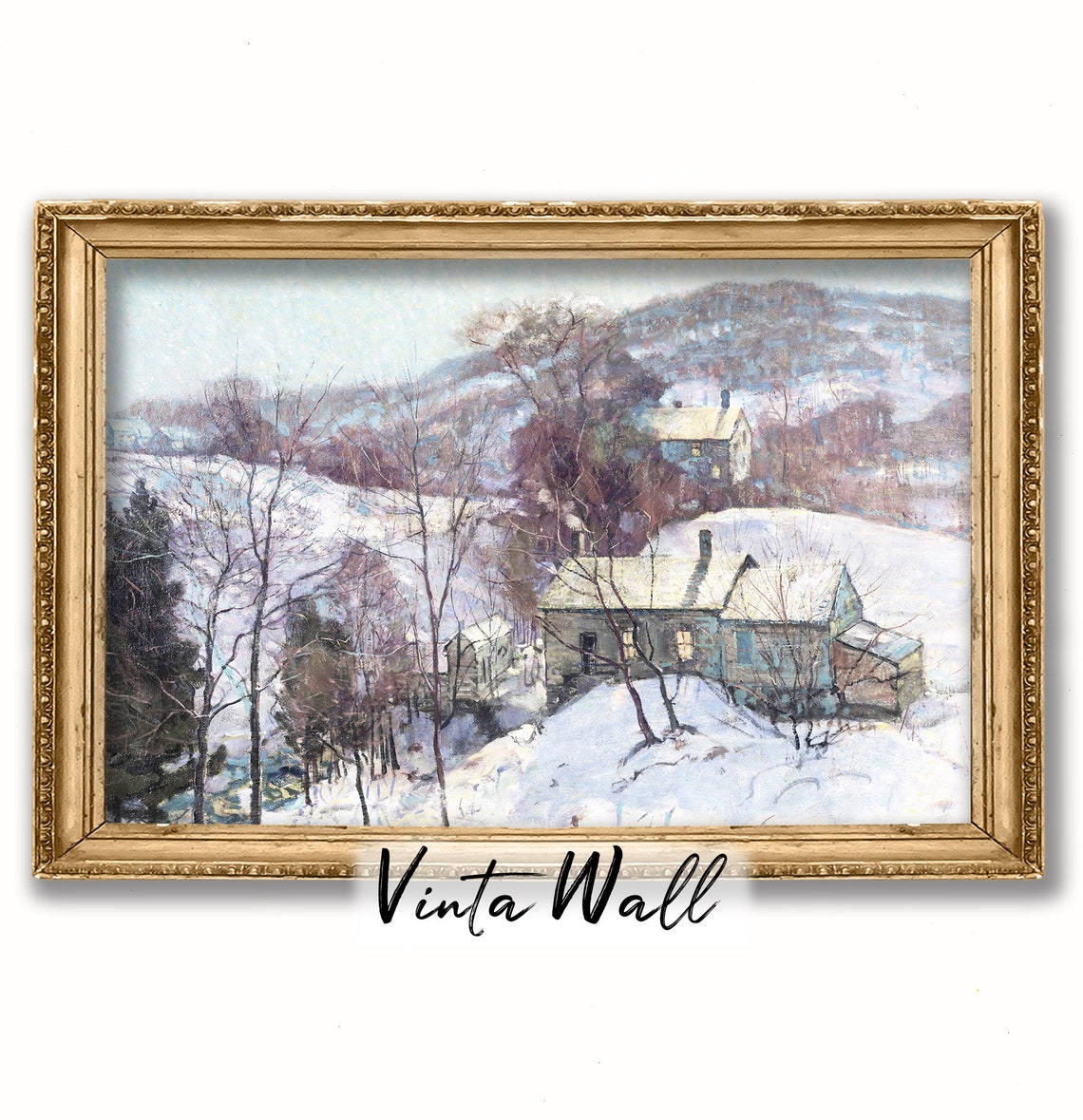 Snowy Village Among Winter Hills Impressionist Rustic Landscape Poster - Image 3