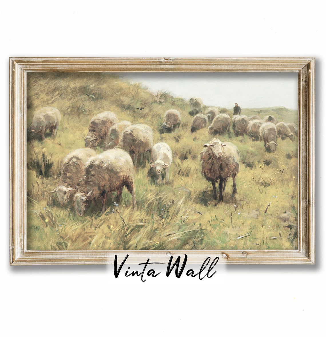 Sheep Flock Golden Meadow Vintage Oil Painting Rustic Farm Poster